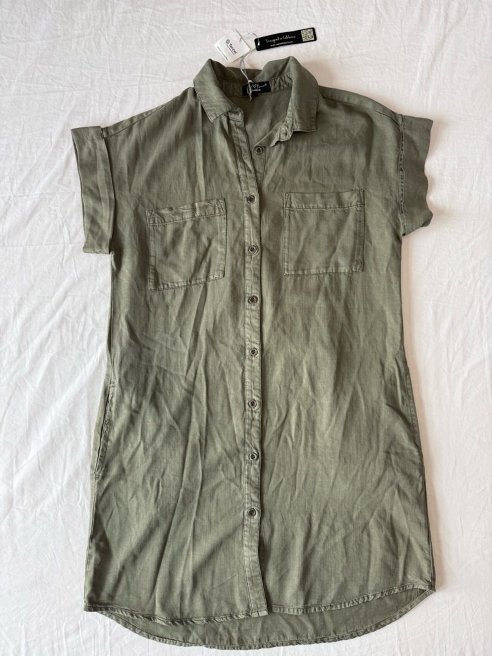 Velvet Heart Tencel Olive Button Front Shirt Dress Short Sleeve Size Small